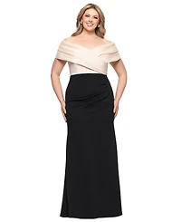 Betsy & Adam Plus Mixed-Material Off-The-Shoulder Gown