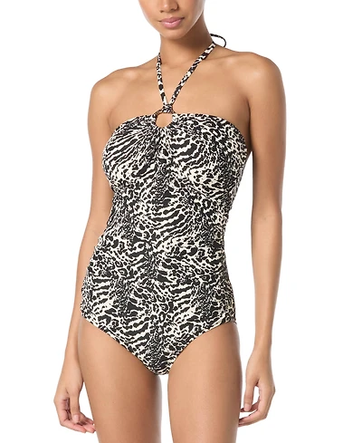 Michael Michael Kors Women's Printed Logo-Ring Shirred One- Piece Swimsuit