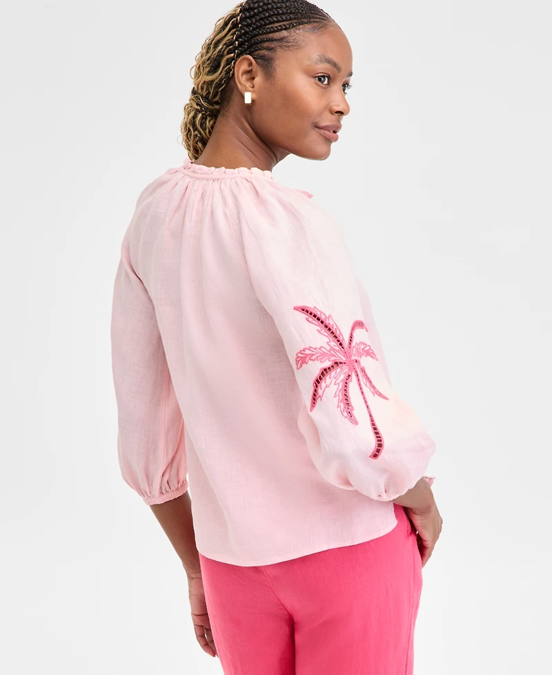 Charter Club Women's Embroidered 100% Linen Top, Exclusively at Macy's