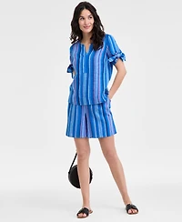 Charter Club Women's Striped 100% Linen Tied-Sleeve Top, Exclusively at Macy's