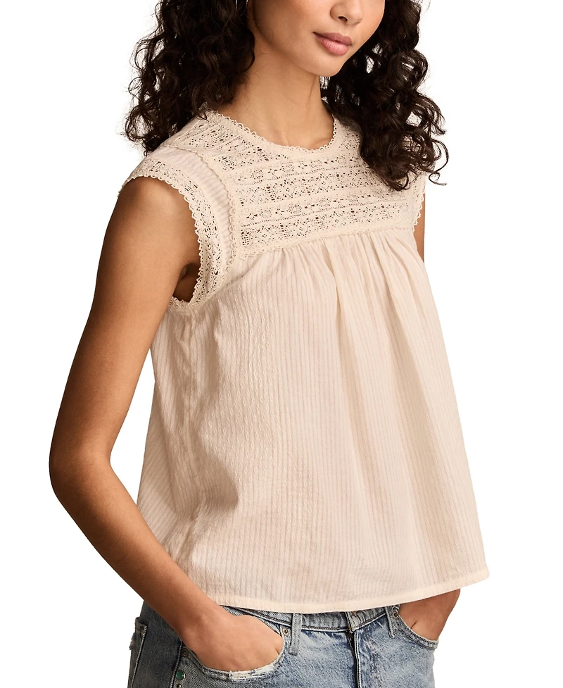 Lucky Brand Women's Lace-Neck Pintuck Cotton Top