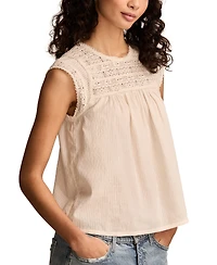 Lucky Brand Women's Lace-Neck Pintuck Cotton Top