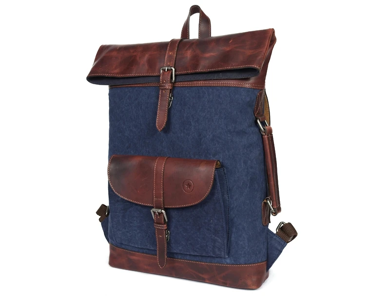 Vintage Canvas Roll Top Backpack with Leather Trim, Laptop Compartment, Adjustable Straps & Front Pocket – Stylish and Durable Travel, School o