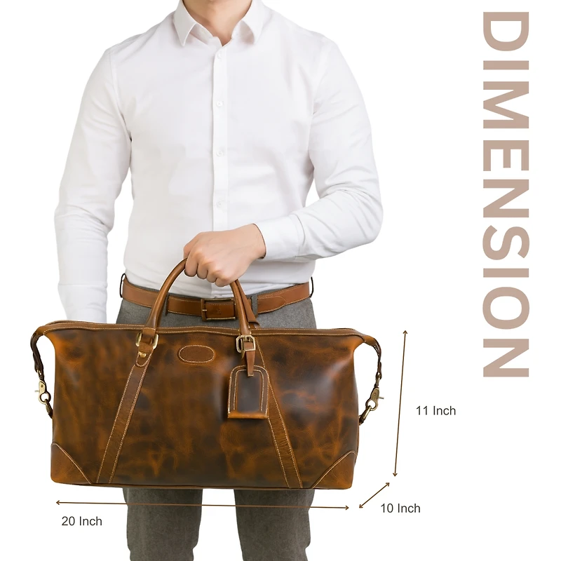 Aaron Leather Goods Genuine Full-Grain Leather Duffel Bag for Men and Women, Handmade Travel Weekender with Adjustable Shoulder Strap, Luggage Tag & I