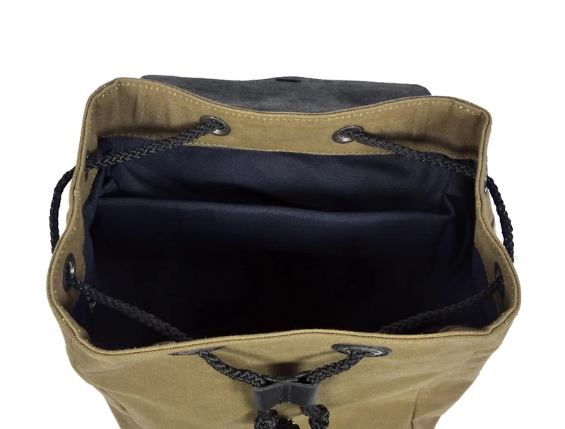 Aaron Leather Goods Waxed Canvas and Leather Flap Backpack with Buckle Closure, Drawstring Top, Laptop Sleeve, Rear Zipper Pocket, and Adjustable Stra