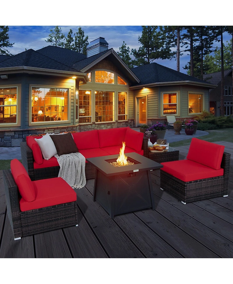 Gymax 7PCS Rattan Patio Sectional Furniture Set w/ 30'' Fire Pit Table & Cushion