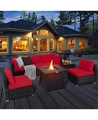 Gymax 7PCS Rattan Patio Sectional Furniture Set w/ 30'' Fire Pit Table & Cushion