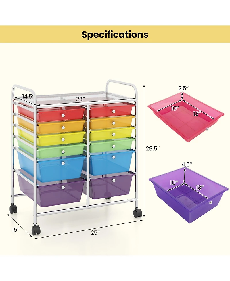 12 Drawers Rolling Cart Storage Scrapbook Paper Organizer Bins