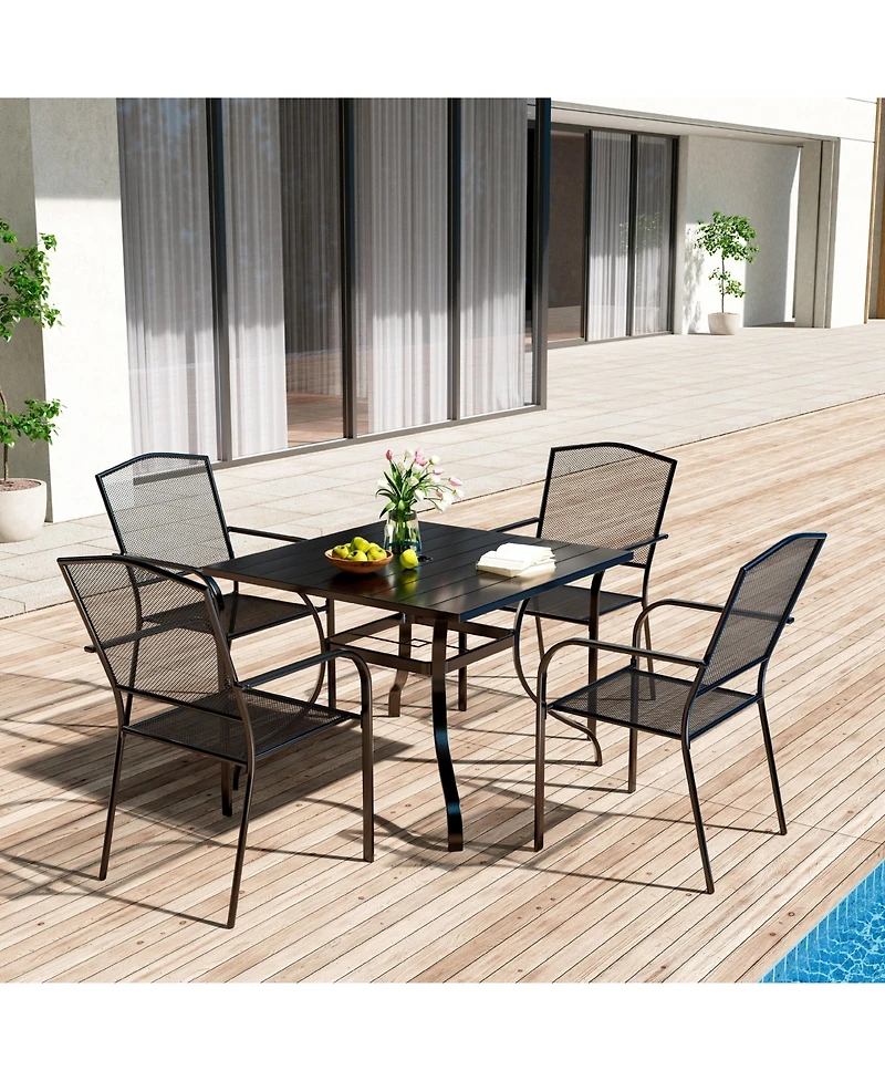 5-Piece Metal Outdoor Patio Dining Set with Square Table with 1.65 in. Umbrella Hole and Dining Chairs