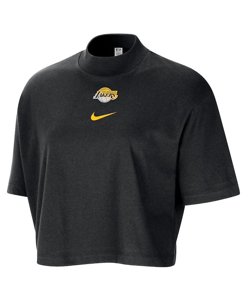 Nike Women's Black Los Angeles Lakers Courtside Mock Neck Loose Fit Cropped T-Shirt