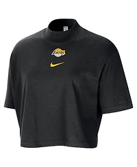 Nike Women's Black Los Angeles Lakers Courtside Mock Neck Loose Fit Cropped T-Shirt