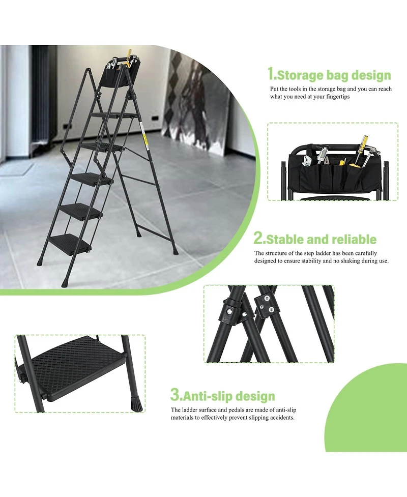 5-Step Foldable Light Weight Wide Anti Slip Pedal and Safety Handle, Sturdy Multi-Purpose Step Ladder with tool bag