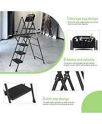 5-Step Foldable Light Weight Wide Anti Slip Pedal and Safety Handle, Sturdy Multi-Purpose Step Ladder with tool bag