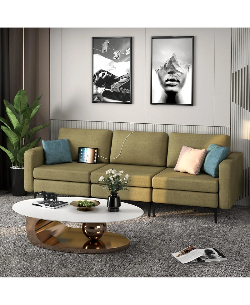 Convertible Sofa Couch with Magazine Pockets 3-Seat with 2 Usb Port