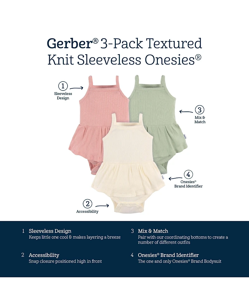 Gerber Baby Girls 3-Pack Sleeveless Skirted Onesies Bodysuits, Antique White, 3-6M