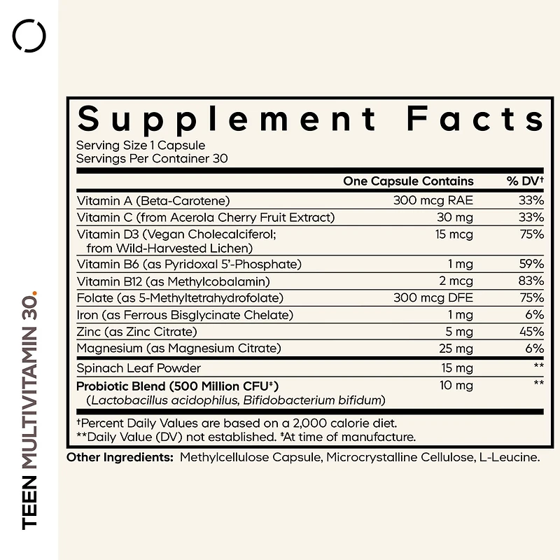 Codeage Teen Multivitamin - Vitamins A, C, D3, B6, B12, Folate, Zinc, Magnesium, Iron, Probiotics, Fermented Spinach