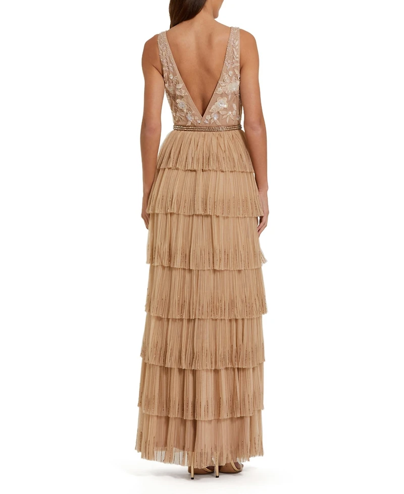 Mac Duggal Women's Beaded Mesh V Neck Gown With Tiered Ruffles