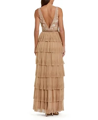 Mac Duggal Women's Beaded Mesh V Neck Gown With Tiered Ruffles