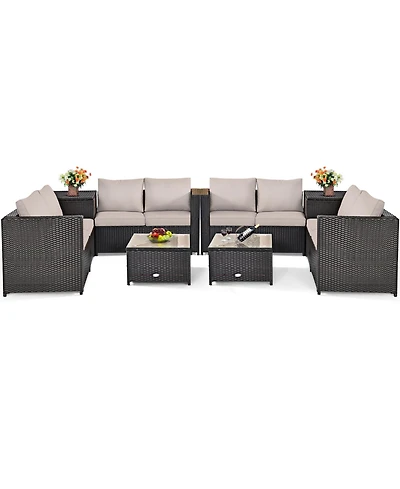 Gymax 8PCS Cushioned Rattan Patio Conversation Set w/ Coffee Table Side Table