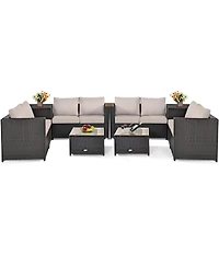 Gymax 8PCS Cushioned Rattan Patio Conversation Set w/ Coffee Table Side Table