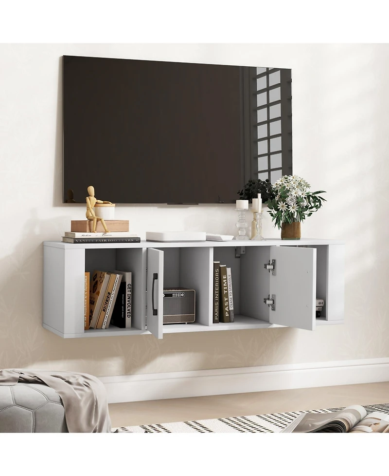 Wall Mounted Floating 2 Door Desk Hutch Storage Shelves