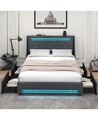 Full Size Bed Frame with Led Lights Wingback Headboard and Charging Station