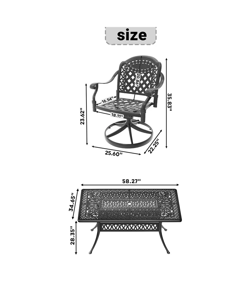 Streamdale 7-pc Cast Aluminum Dining Set, 6 Swivel Chairs, Rectangular Table