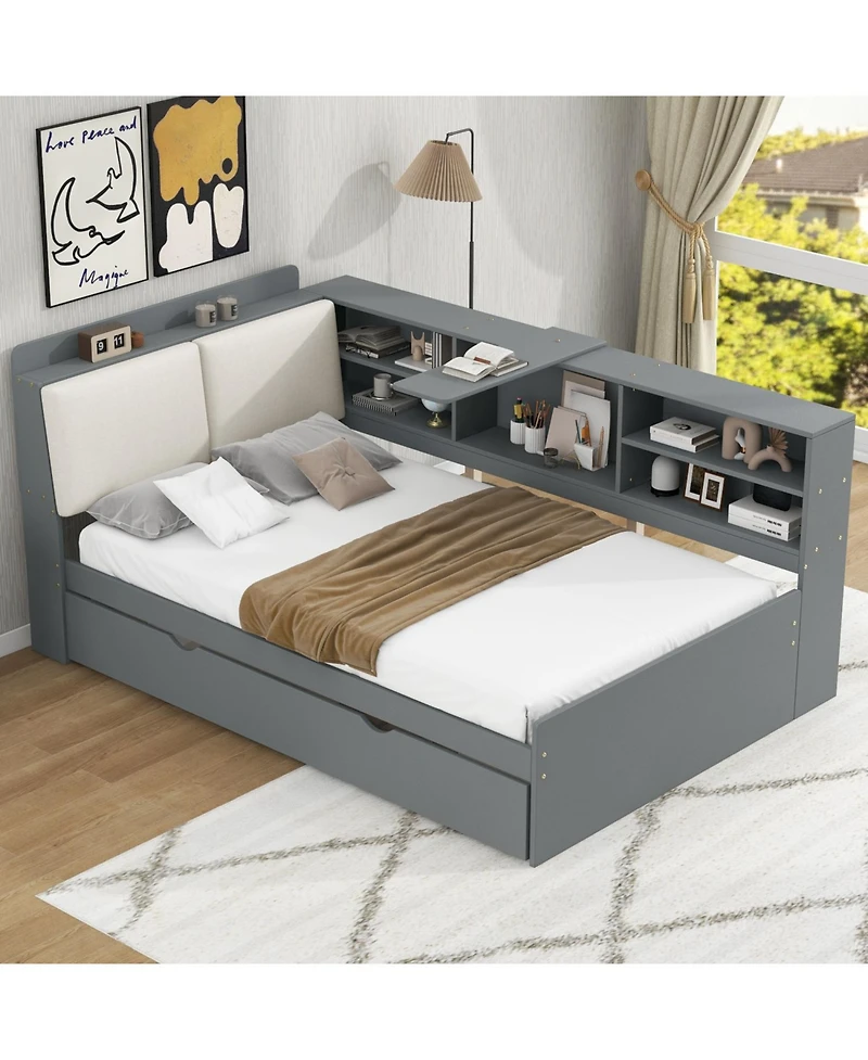 Streamdale Wood Twin Size platform bed with Trundle, Shelves and Storage Headboard, Gray