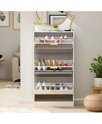 Wooden 3-door natural shoe cabinet,Mirror door panel, multi-purpose shoe rack with metal handles