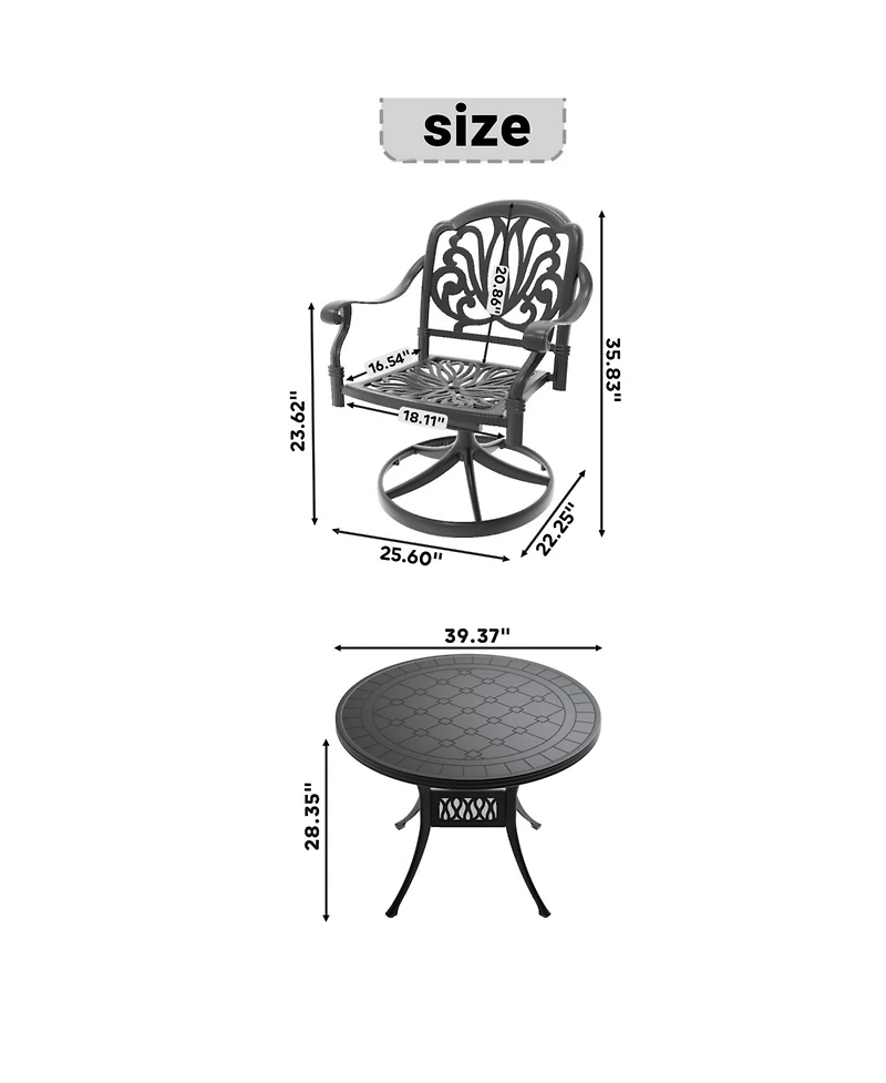 Streamdale 3-pc Cast Aluminum Dining Set, 2 Swivel Chairs, 39" Round Table, Black Frame