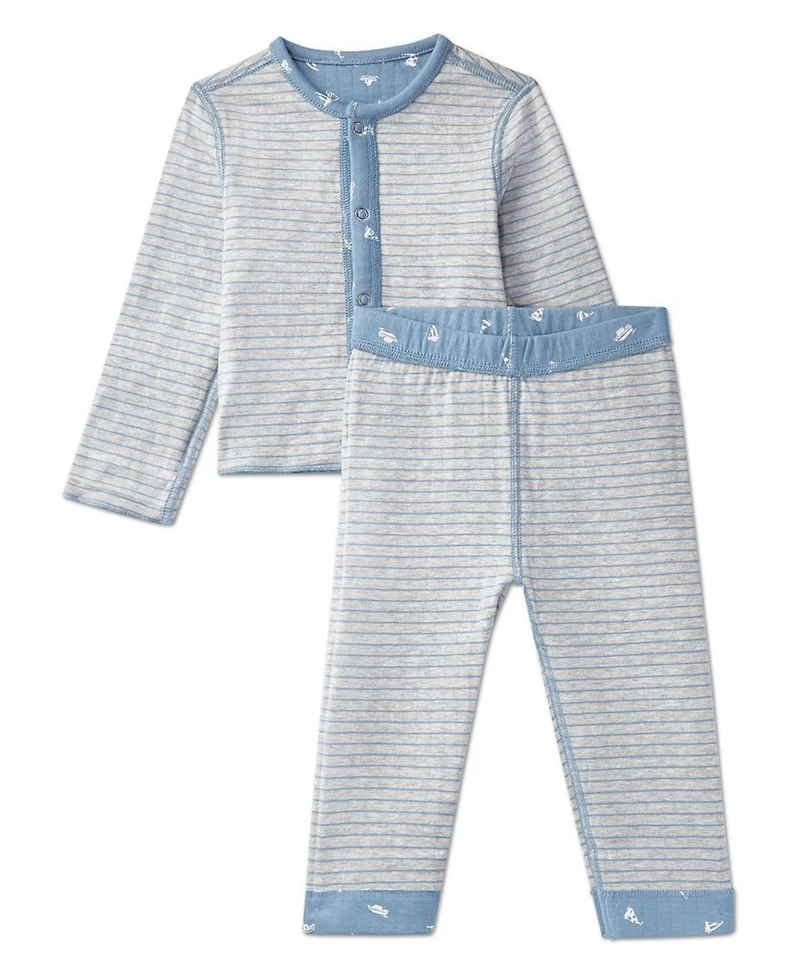MeMoi Baby Boys 2 Piece Reversible "Sail Away" Pointelle Snap-Up Top and Pants Set
