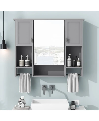 35'' x 28'' Modern Wall Mounted Bathroom Storage Cabinet, Bathroom Wall Cabinet with Mirror, Medicine Cabinet with Towels Bar