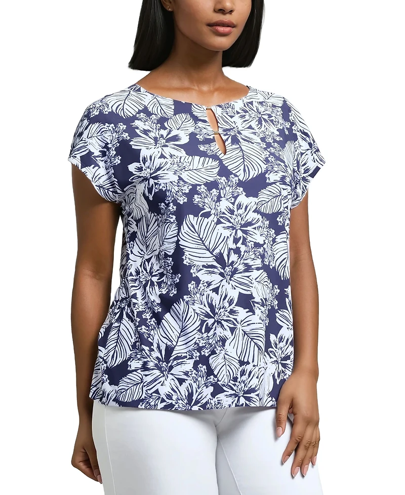 Jones New York Women's Leaf-Print Extended-Shoulder Top