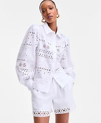 I.n.c. International Concepts Women's Cotton Eyelet Blouson-Sleeve Blouse, Exclusively at Macy's