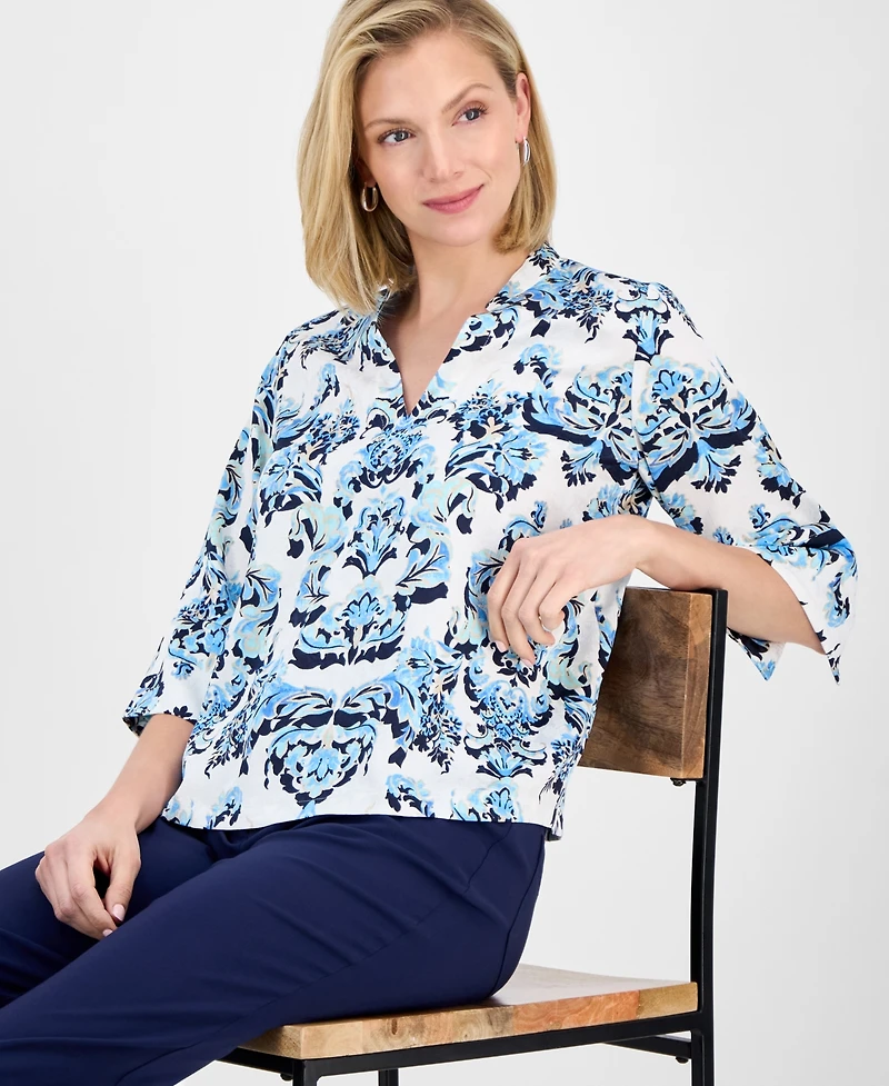 Jm Collection Women's Printed Jacquard 3/4-Sleeve Top, Exclusively at Macy's