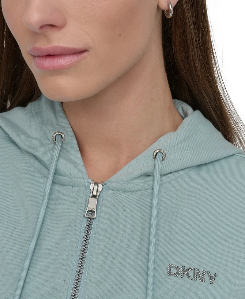 Dkny Sport Women's Cotton-Blend Stud-Logo Full Zip Hoodie