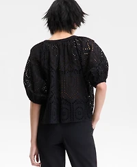 I.n.c. International Concepts Women's Cotton Eyelet Puff-Sleeve Blouse, Exclusively at Macy's
