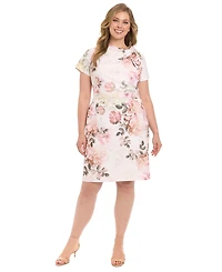 London Times Plus Size Floral-Print Tie-Neck Sheath Dress