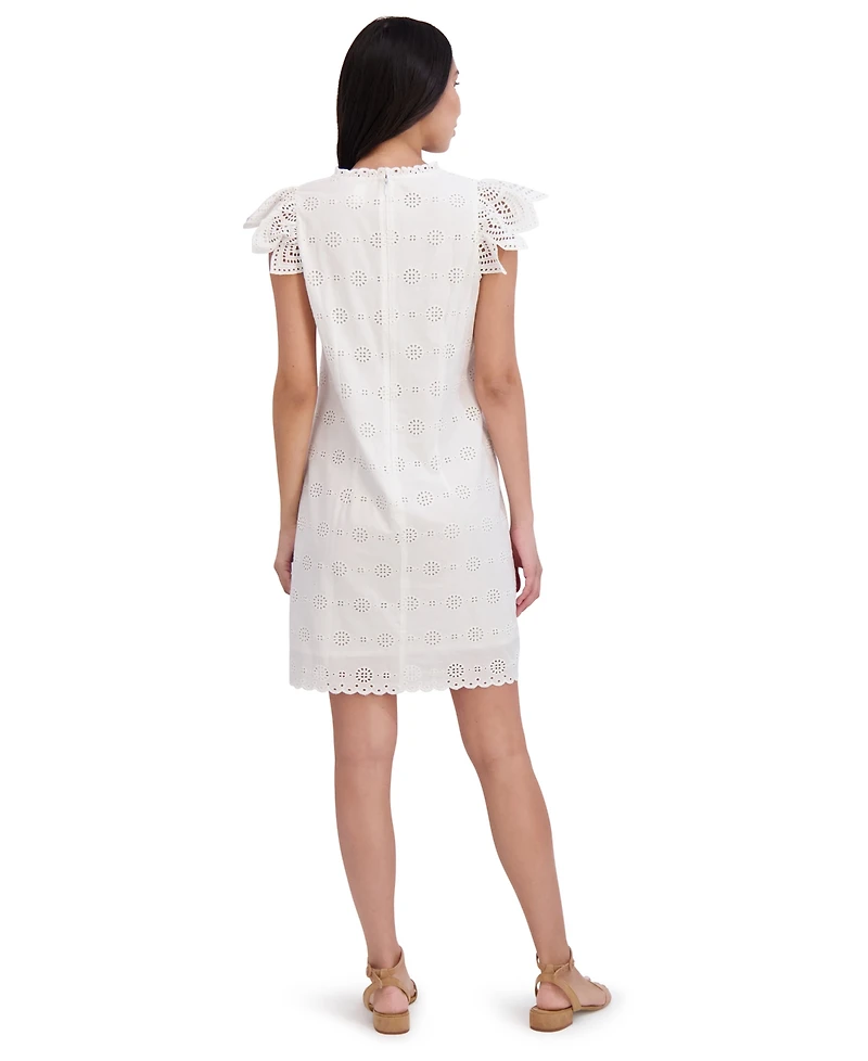 London Times Petite Cotton Eyelet-Embroidered Mini Dress
