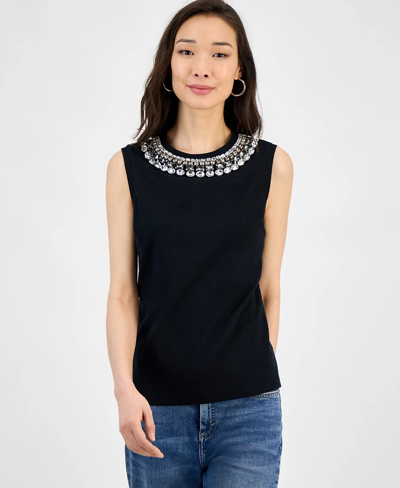 I.n.c. International Concepts Women's Embellished-Neckline Cotton Tank Top, Exclusively at Macy's