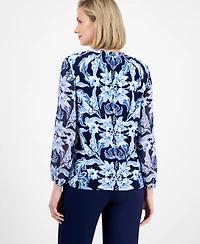 Jm Collection Women's Printed Tie-Neck Long-Sleeve Blouse, Exclusively at Macy's
