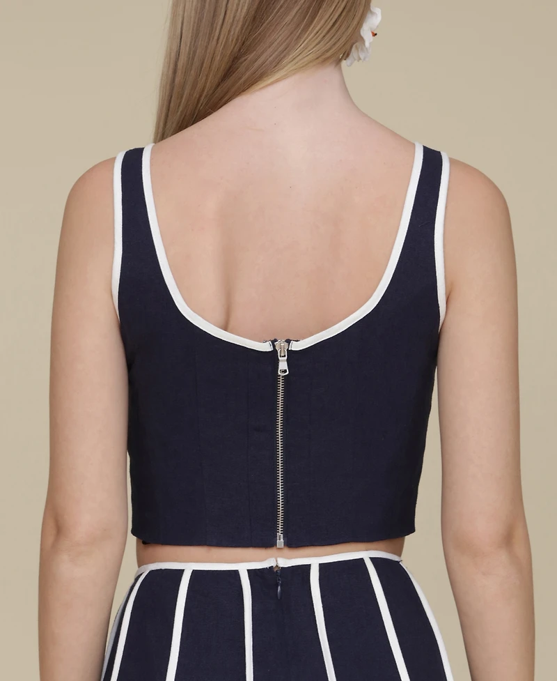 Avec Les Filles Women's Contrast-Trim Linen-Blend Crop Top