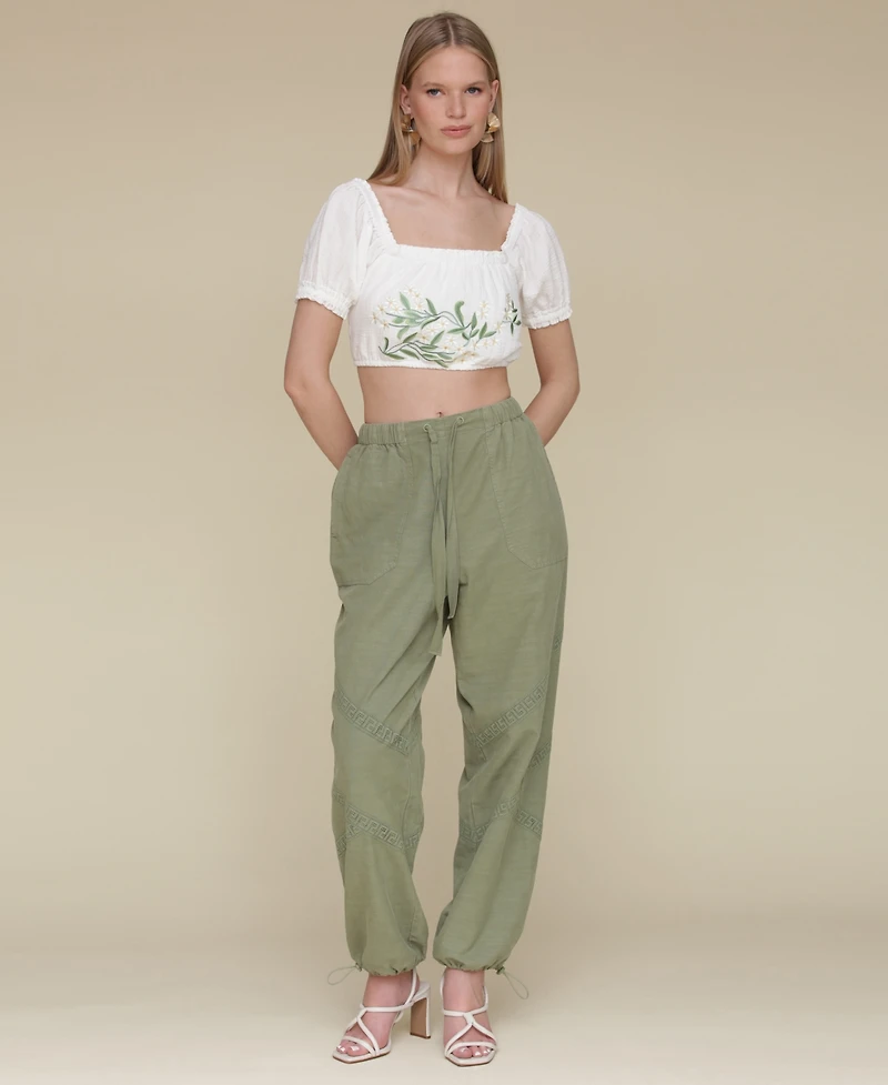 Avec Les Filles Women's Crochet-Trim Soft Utility Jogger Pants