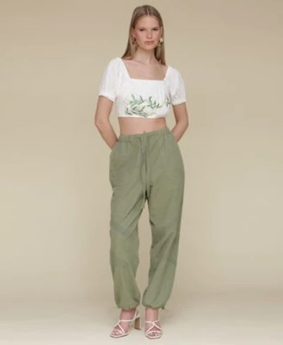 Avec Les Filles Womens Embroidered Cotton Crop Top Crochet Trim Soft Utility Jogger Pants