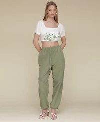 Avec Les Filles Womens Embroidered Cotton Crop Top Crochet Trim Soft Utility Jogger Pants