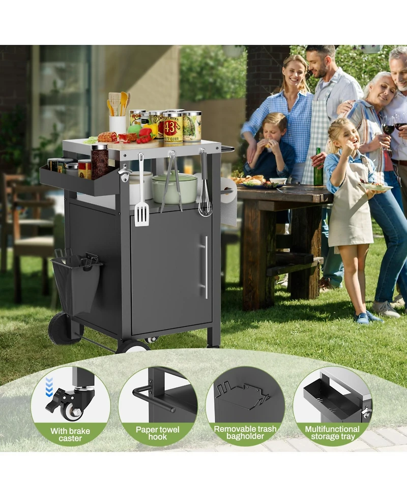 Streamdale Black Outdoor Grill Cart, Rolling Bbq Table with Storage & Hooks