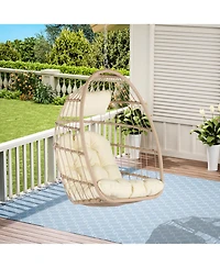 Streamdale Outdoor Garden Rattan Egg Swing Chair Hanging Chair Wood+Khaki