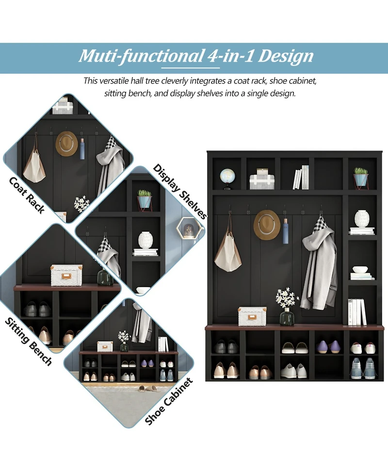 Streamdale Farmhouse Hall Tree with 6 Hooks, Bench, Shelves, and 13 Cubbies