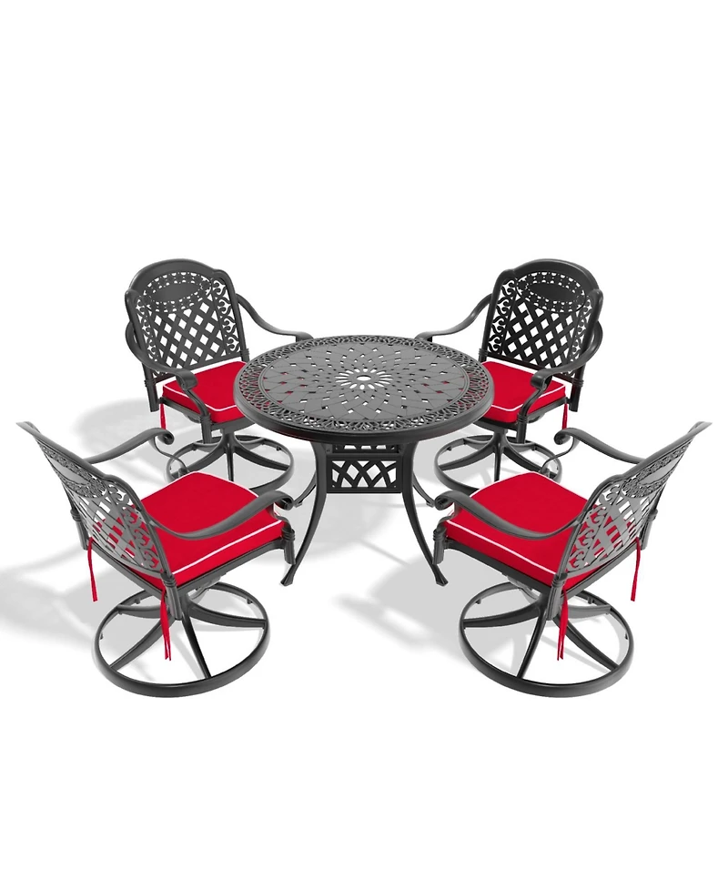 5-Piece Cast Aluminum Dining Set, 4 Swivel Chairs, 35" Round Table