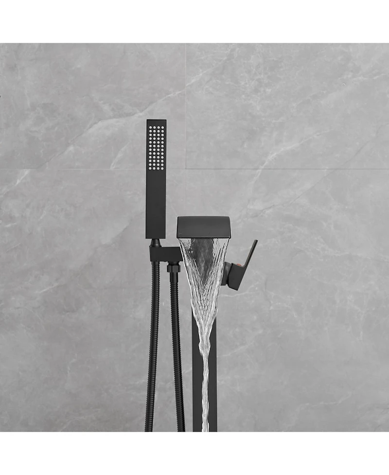 Single-Handle Freestanding Tub Faucet with Hand Shower Brass Waterfall Floor Mount Tub Filler in Matte Black